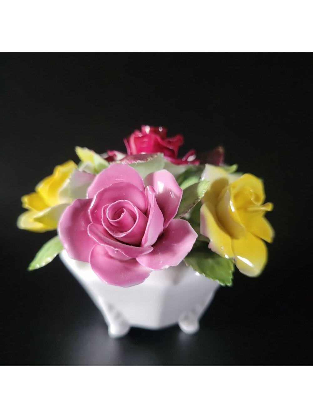Small Vintage Royal Adderley Rose Floral Bouquet in Footed White Pot England